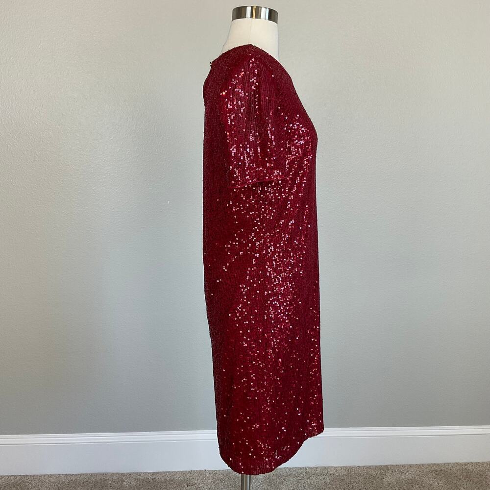 DKNY Red Cocktail Dress Sequined Short Sleeve Scoop Neck Mini Shift Size 8 - Picture 4 of 10